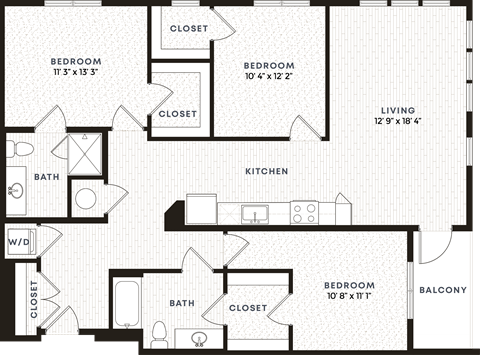 Floor plan for 3 beds, 2 baths, 1373 sqft